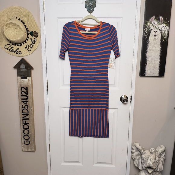 LULAROE Julia Dress XS RAYON SOFT Blue Orange Striped SPORTS TEAM COLORS NWT - Picture 1 of 7